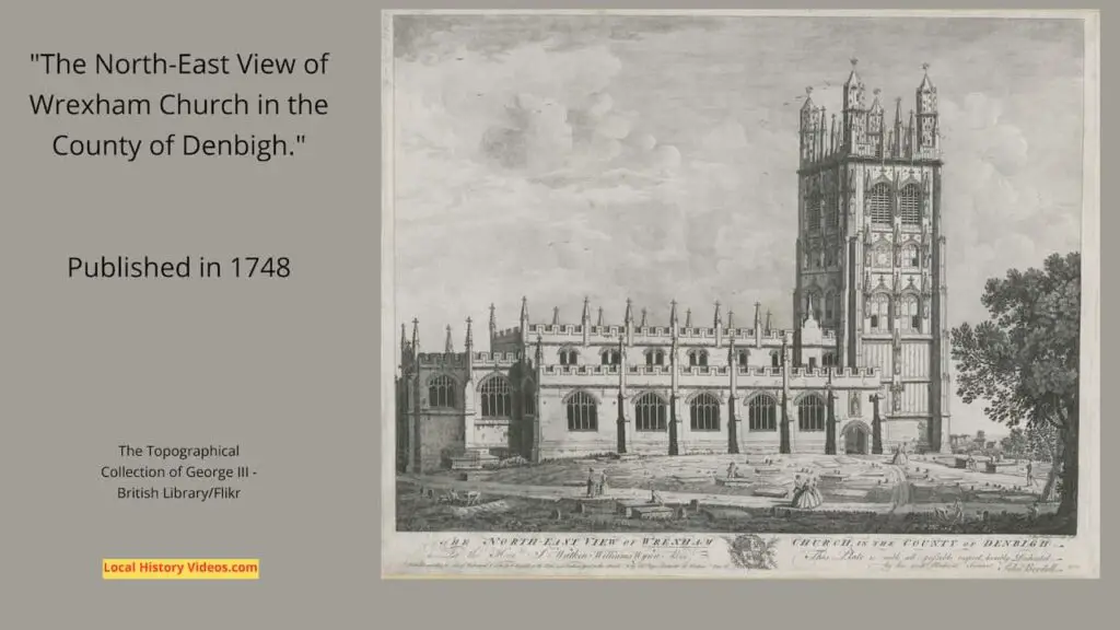 Old picture of Wrexham Church, Wales, published in 1748