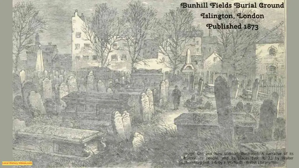 Old picture of the Bunhill Fields Burial Ground, Islington, London, published in 1873