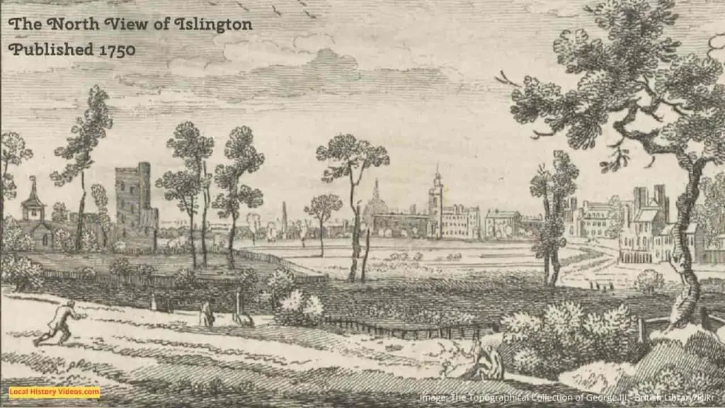 Old picture of the North View of Islington, London, published in 1750