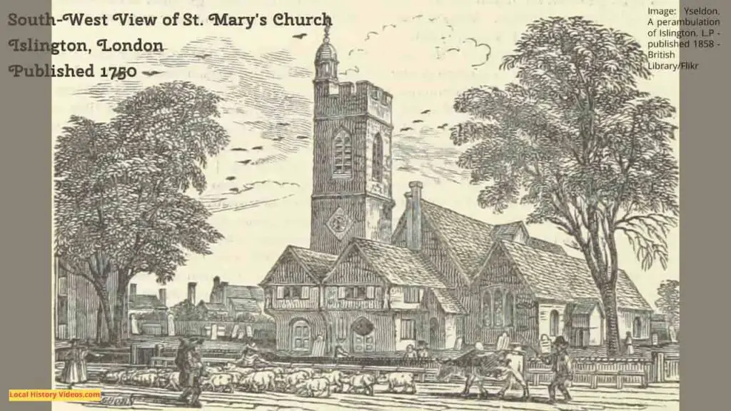 Old picture of the South West view of St Mary's Church at Islington, published in 1750