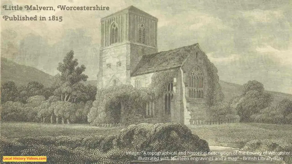 Old picture of the church at Little Malvern, Worcestershire, England, published in 1815