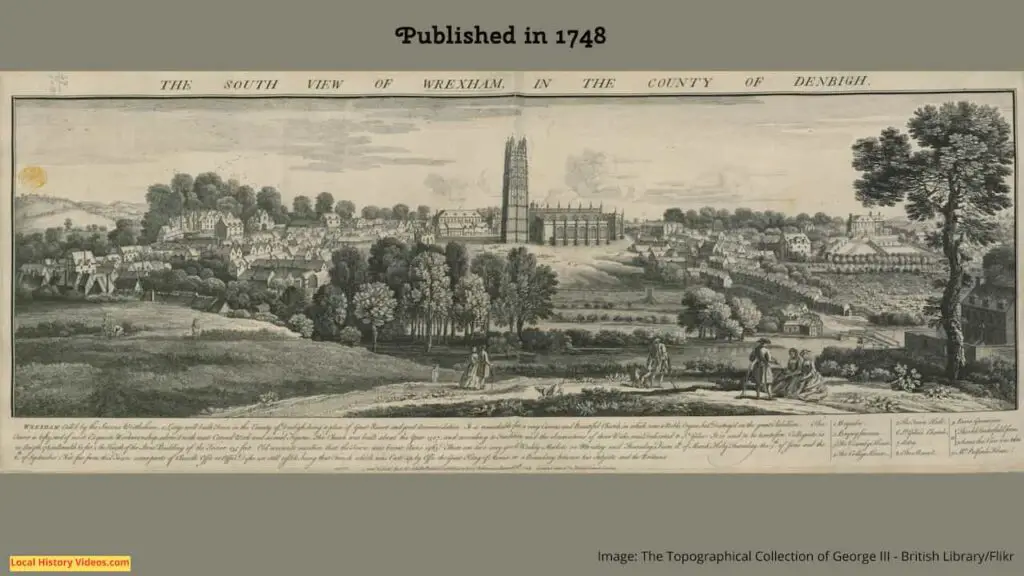 Old picture of the view of Wrexham, Wales, published in 1748