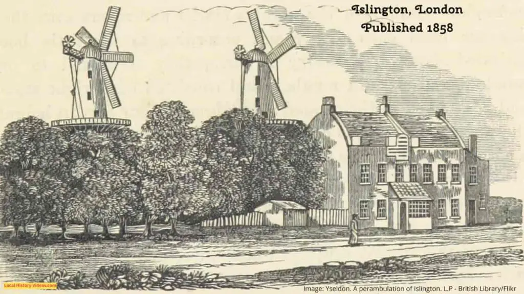 Old picture of windmills near Islington, published in 1858