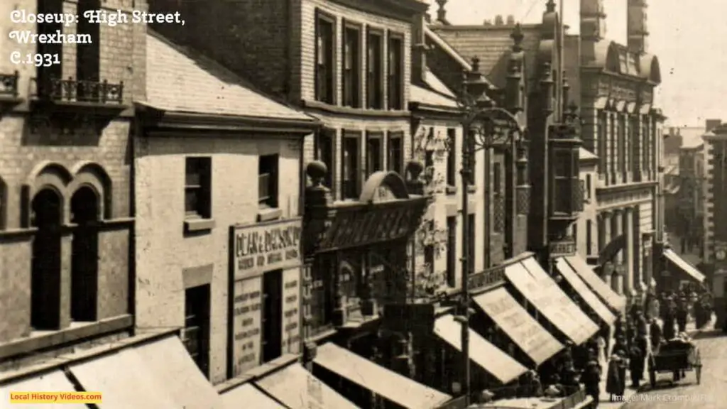 Top left section of an old photo postcard of the High Street, Wrexham, Wales, 1931