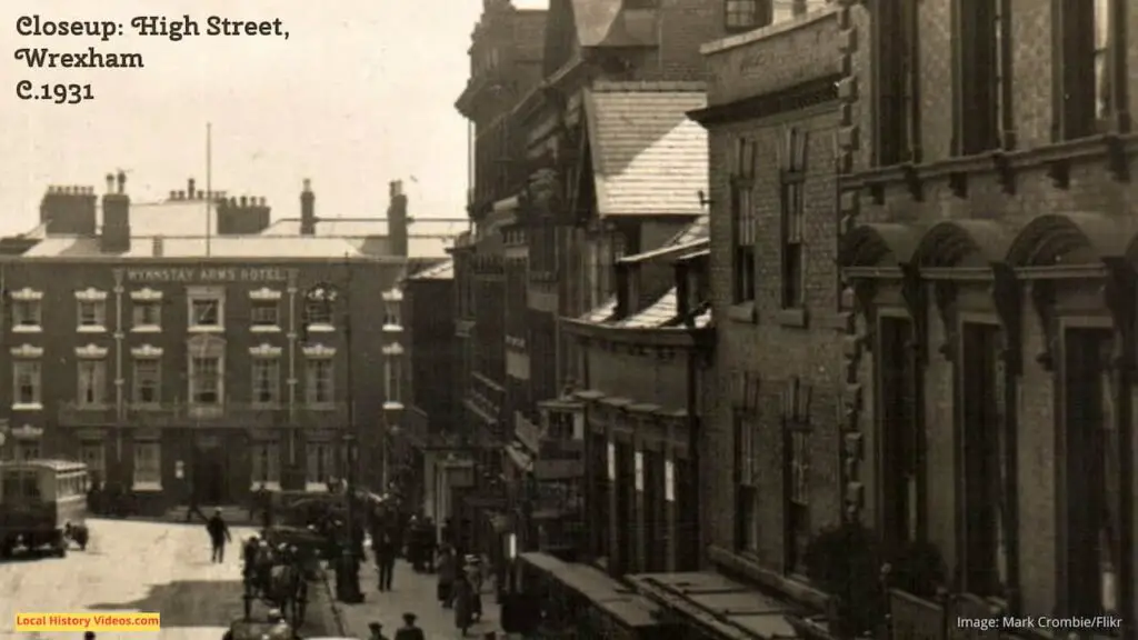 Top right section of an old photo postcard of the High Street, Wrexham, Wales, 1931