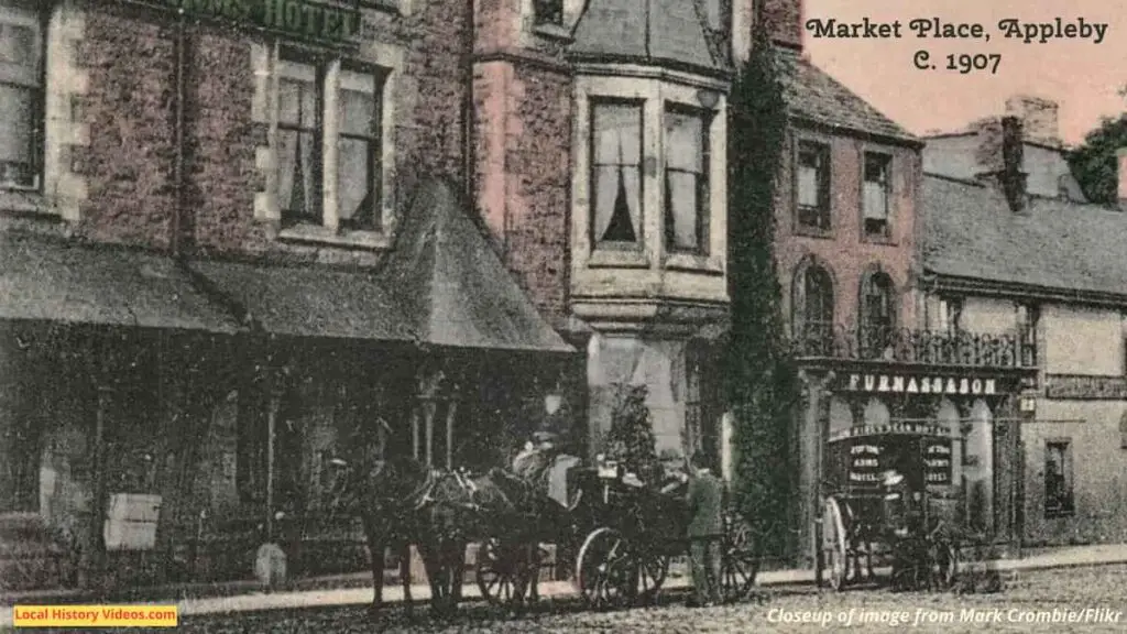 Closeup of an old photo postcard of the Market Place, Appleby, circa 1907