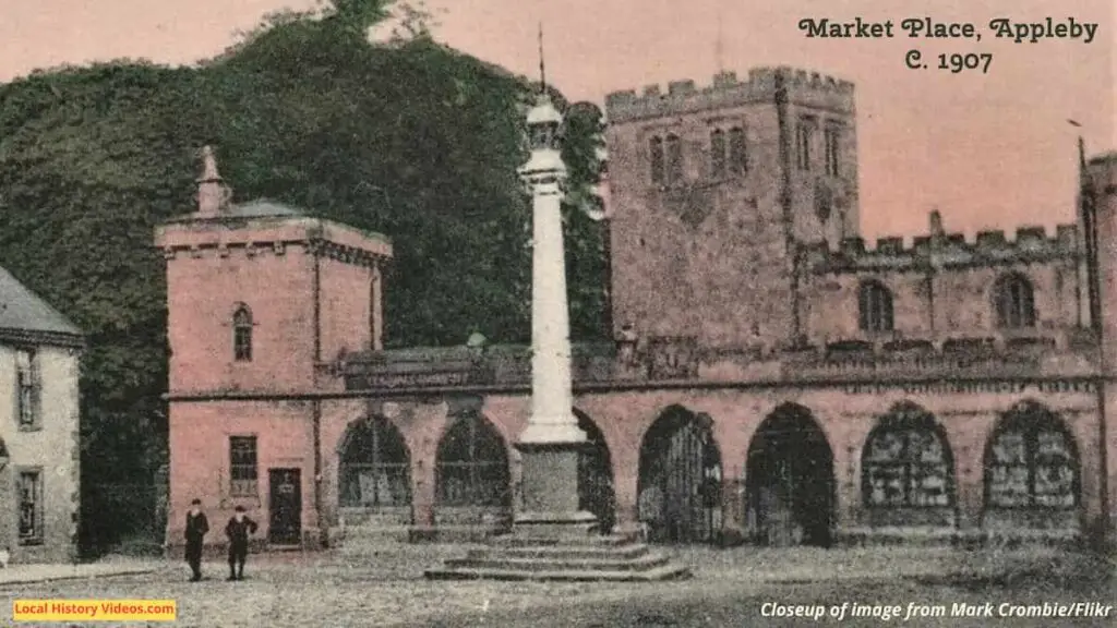 Closeup of an old photo postcard of the Market Place, Appleby, circa 1907