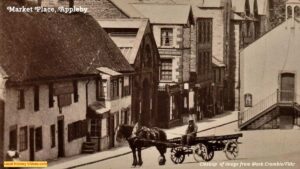 Closeup of an old photo postcard of the Market Place at Appleby-in-Westmoreland