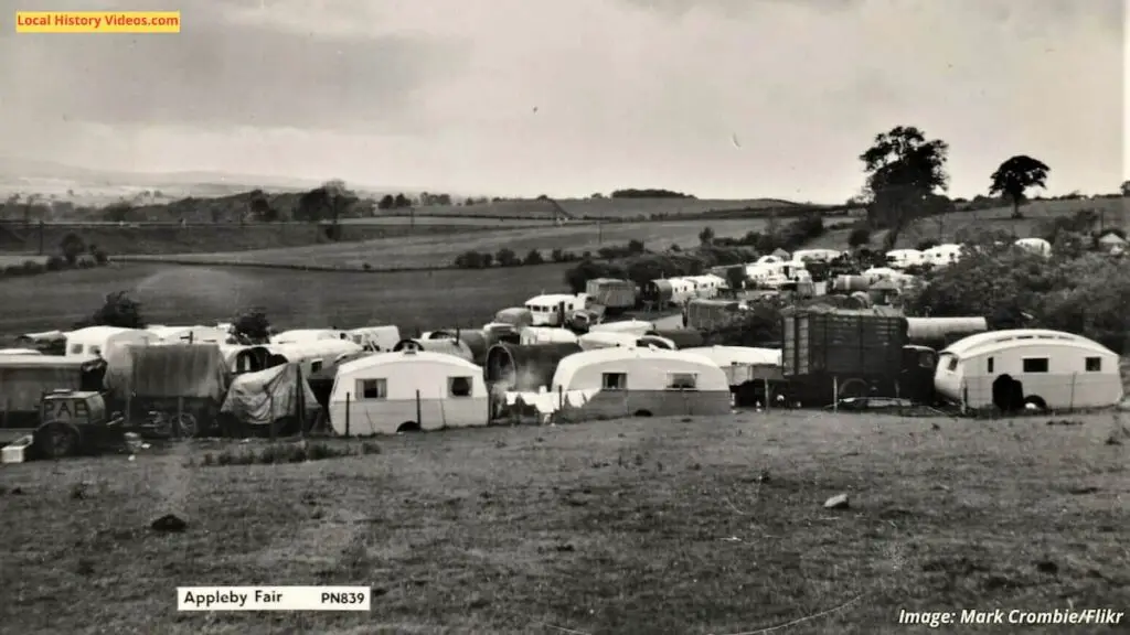 Old photo postcard of caravans gathered for the Appleby Fair