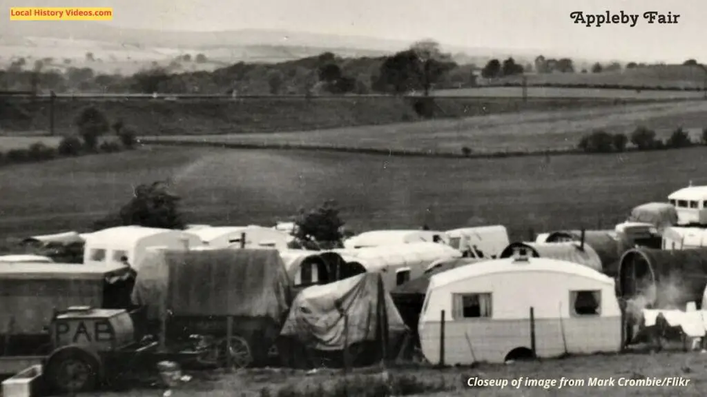 Closeup of an old photo postcard of caravans gathered for the Appleby Fair