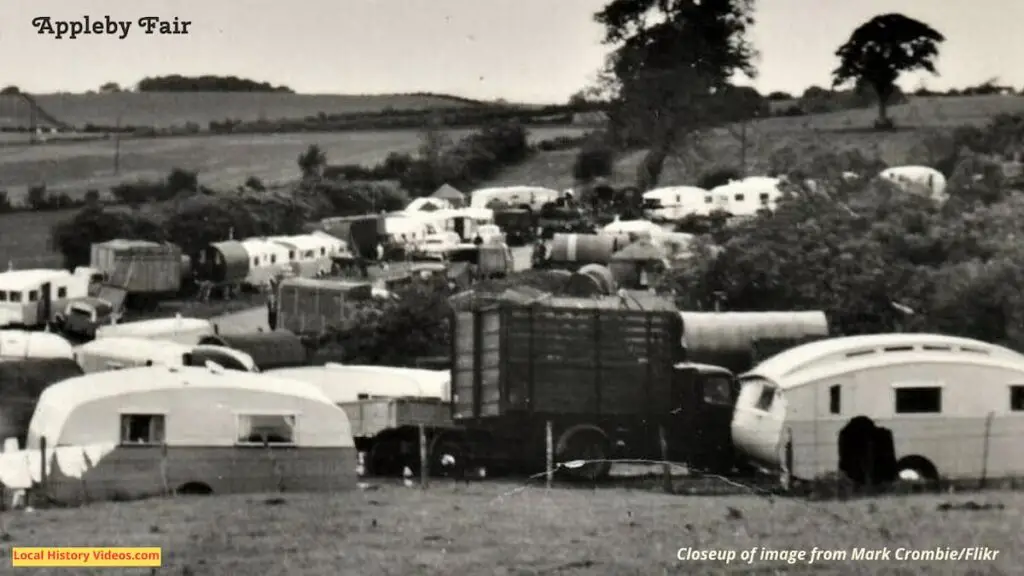 Closeup of an old photo postcard of caravans gathered for the Appleby Fair