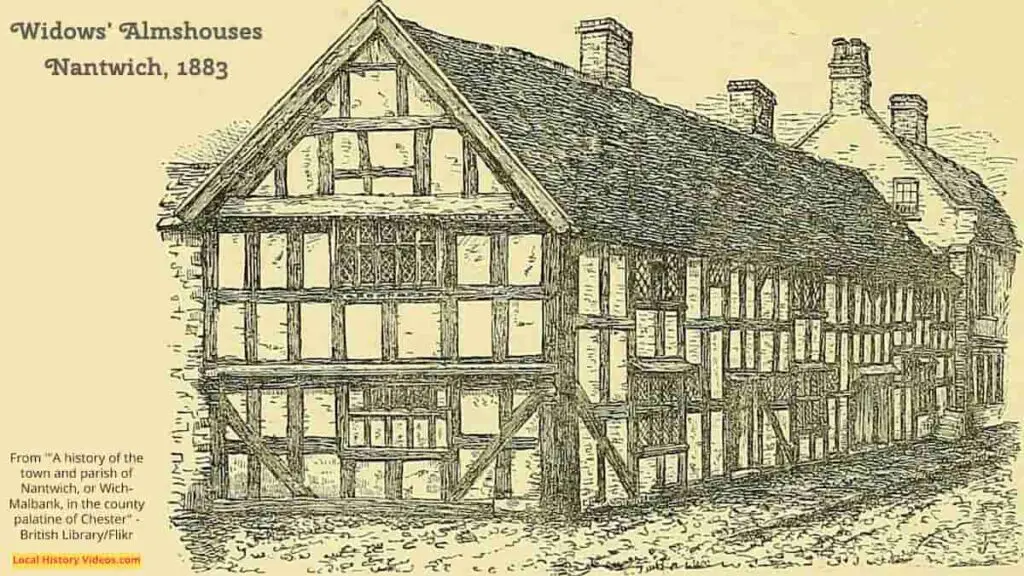 Old Picture of the Widows' almshouses in Nantwich, Cheshire, England, publishd 1883