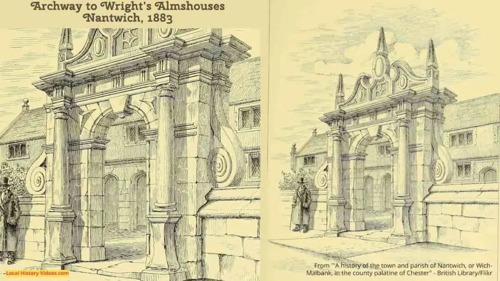 Old picture of the archway to Wright's Almshouses in Nantwich, Cheshire, England, published in 1883