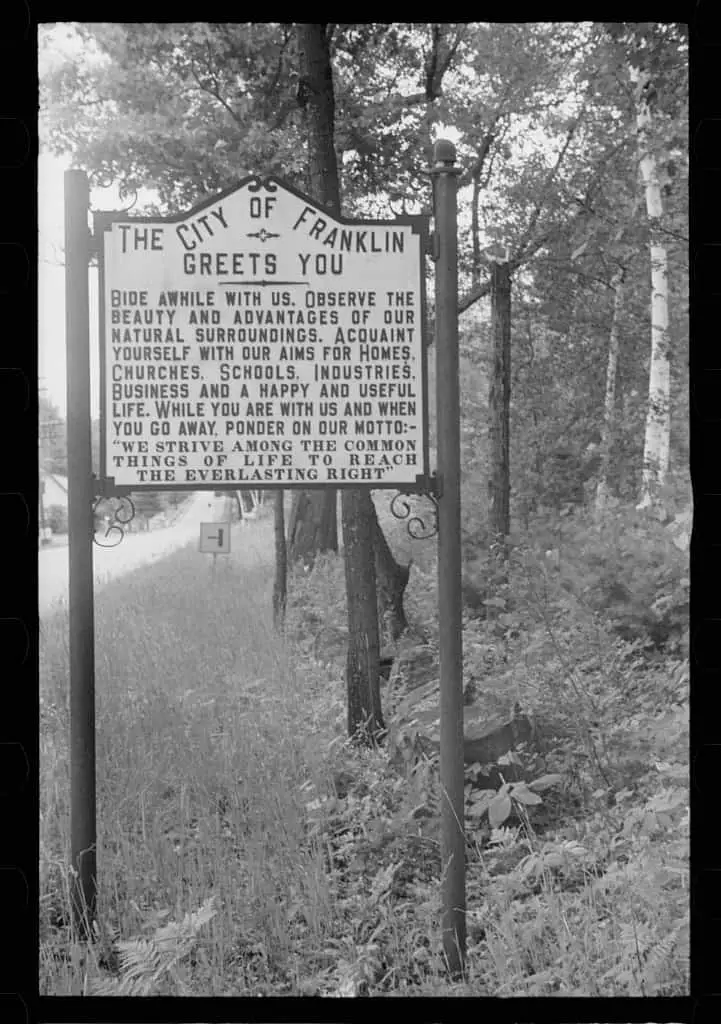 Sign entering Franklin, New Hampshire, in 1937