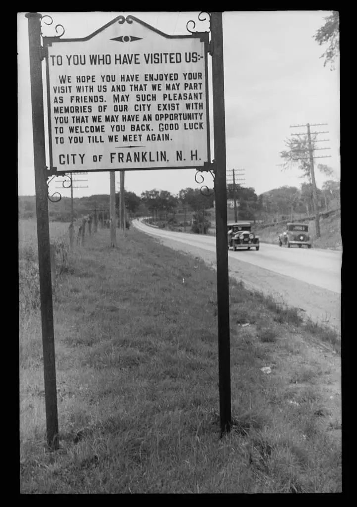 Sign on city limits of Franklin, New Hampshire, 1937